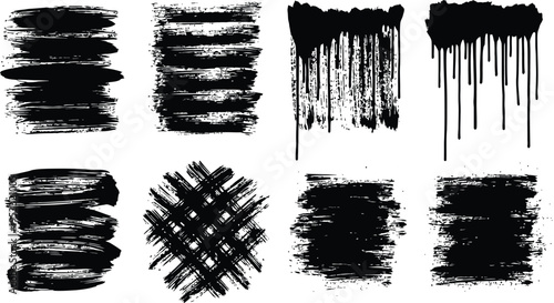 Collection of black brush strokes and marks on white background