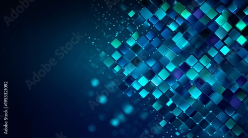 Abstract Mosaic Particles, Digital Square Pattern Animation, Futuristic Technology Background, Blue Glow, Pixel Data Flow, Square Particle Motion, Cyber Technology Concept, Dynamic Background.