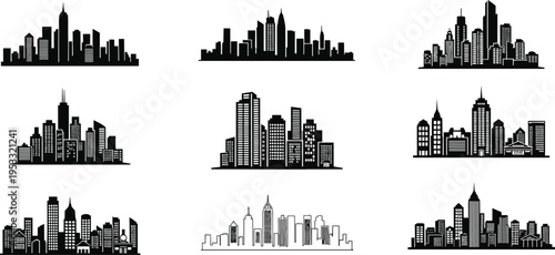 City skyline silhouette collection with modern skyscrapers and downtown buildings, urban architecture cityscape vector set for travel, business, branding, posters, and metropolitan design projects