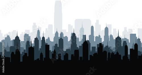 Layered urban city skyline silhouette with modern skyscrapers and dense metropolitan buildings, abstract cityscape horizon background illustration for travel, business, architecture, and urban design