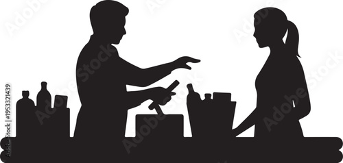 Bartender serving drink to woman at counter bottles