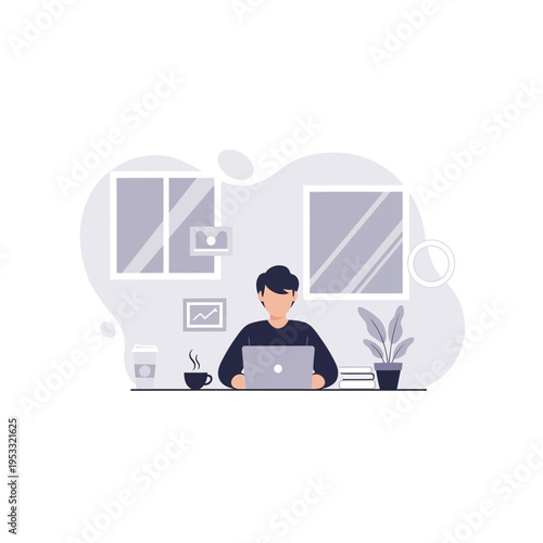 Man Working on Laptop Computer Office.