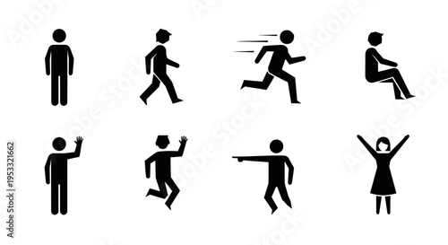 Black silhouette icons of people running and dancing.
