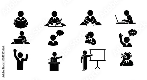 Black silhouette icons of people communicating and working.