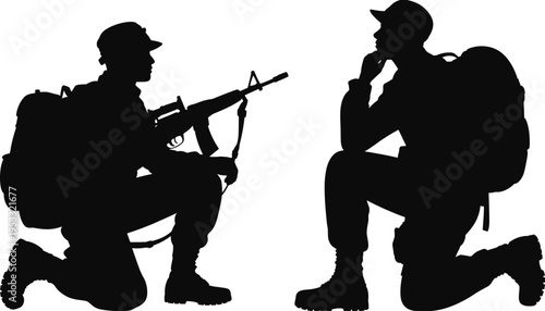 Silhouette of two military figures kneeling with backpacks and rifle, vector illustration symbolizing communication, teamwork, outdoor survival, and defense