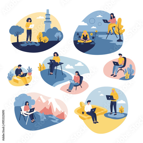 People Working Remotely in Various Locations.