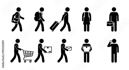 Set of stick figures performing various daily activities.