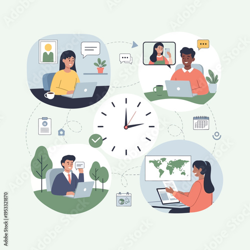Remote Workers Collaborating Online Across Time Zones.