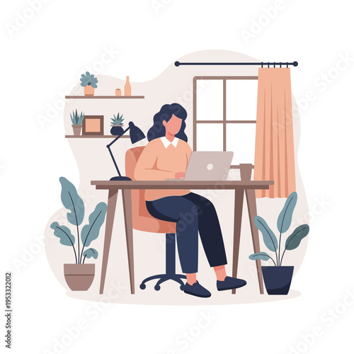 Woman Sitting at Desk with Laptop.