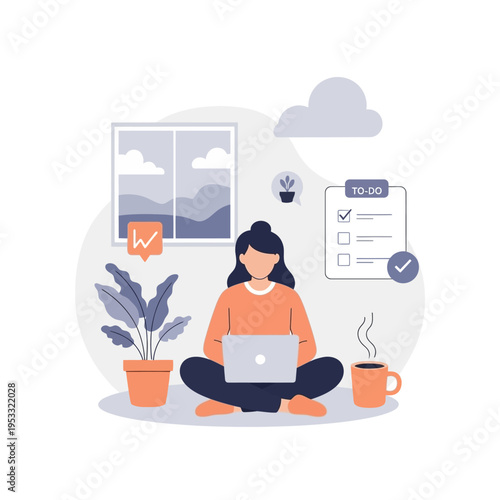 Woman Sitting with Laptop and Coffee.
