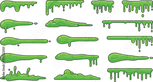 Green toxic slime drips and gooey liquid splatters vector set