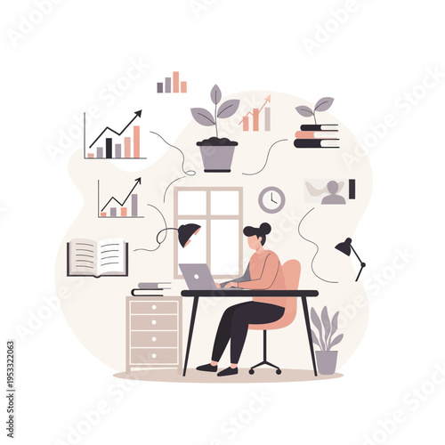 Woman Working on Laptop at Desk.