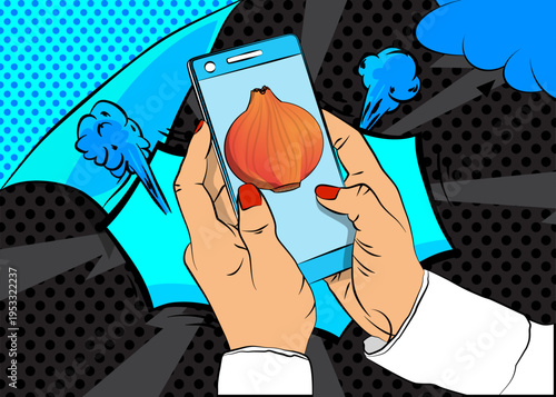 Cartoon Smartphone, comic book Telephone with Onion. Retro vector comics pop art design.