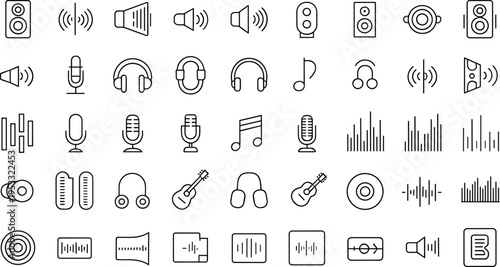 Black  line of audio equipment and music symbols line speakers