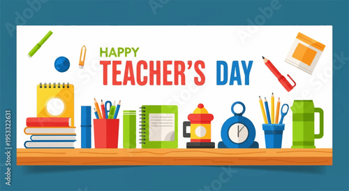 Happy teacher's day celebration with colorful school supplies on a desk in a classroom environment