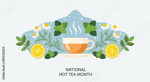 Steaming hot tea cup with lemon slices and green leaves on a floral background for national hot tea month