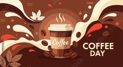 Brown coffee cup with steam on a warm background with milk splashes and coffee beans on coffee day