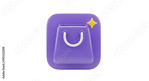 A 3d rendered purple shopping bag icon with a small yellow star symbol for retail mobile apps