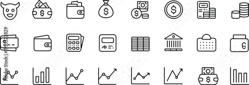 Black line of finance and business symbols line finance money wallet calculator