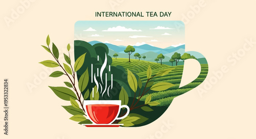 International tea day concept with steaming cup and tea leaves on a scenic background