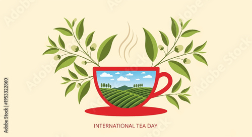 Steaming red tea cup with green leaves and scenic landscape inside on saucer symbolizing relaxation and nature