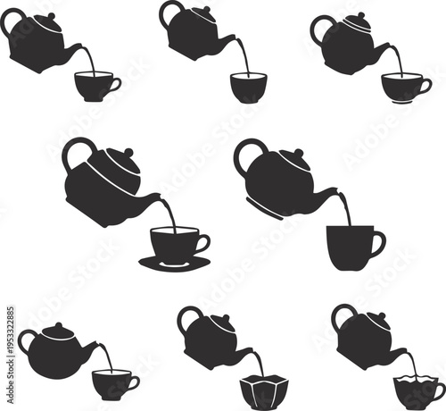 Teapot Pouring Tea Silhouette Icons: Elegant Tea Time Vector Set