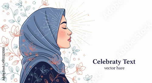 Woman wearing blue hijab with floral pattern background peaceful expression elegant headscarf design