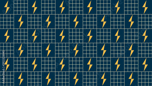 A flat design pattern featuring yellow lightning bolt icons over a dark blue background with a subtle square grid texture representing energy and electricity.