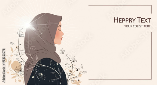 Woman wearing hijab with floral design and placeholder text on beige background for advertising or editorial use