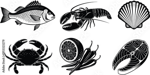 Seafood illustration, fish lobster crab scallop shell, citrus lemon chili peppers, fish steak design, culinary art, restaurant branding, food vector