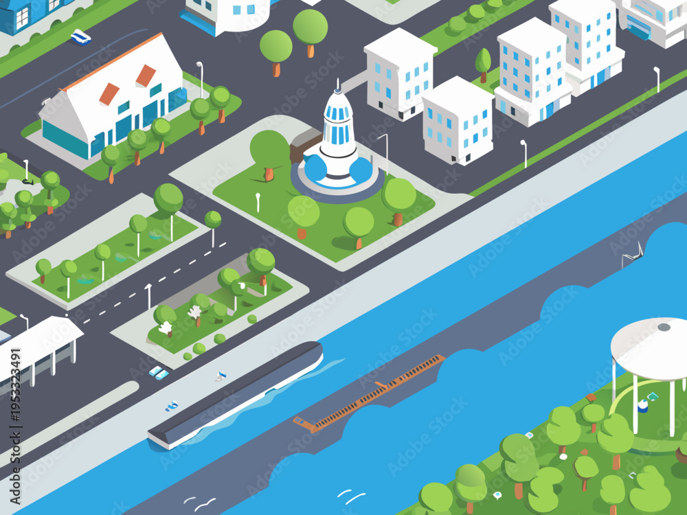 Fototapeta premium Isometric illustration of a city with a capitol building and transportation