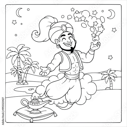 Mythology coloring page of a happy genie character with stars and magic lamp