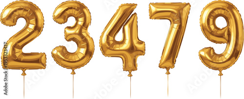 Set of gold metallic foil balloon numbers 2, 3, 4, 7, and 9 isolated on white background for birthday celebration.