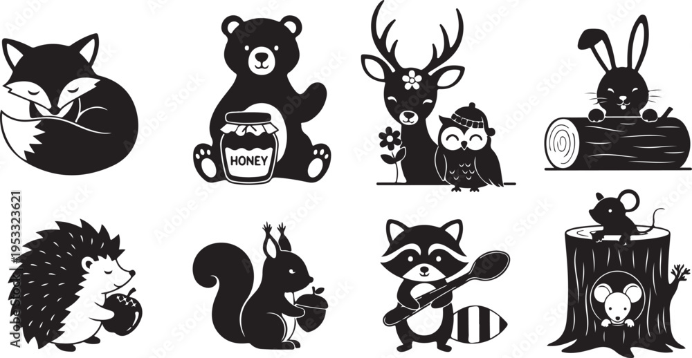 Obraz premium Black and white cartoon animals in various poses and activities
