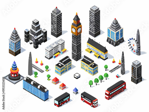 Isometric illustration of iconic london landmarks and city buildings