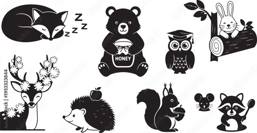 Obraz premium Black and white of various sleeping and active forest animals