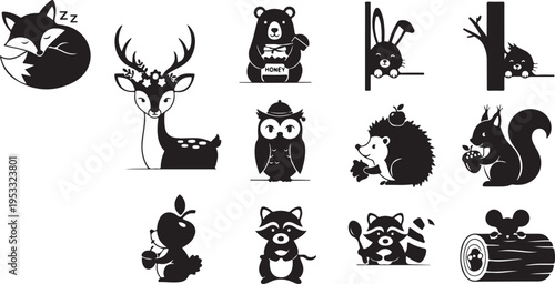 Black and white of sleeping and eating forest animals with apples and logs