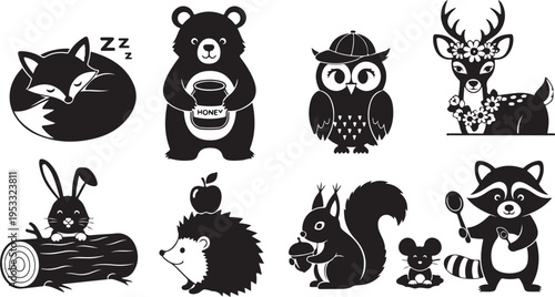 Black and white cartoon animals in various poses and activities 2
