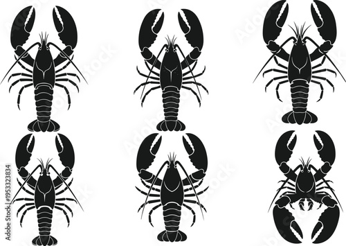 Lobster silhouettes, marine crustacean vector, seafood illustration, black lobster icons, aquatic animal design, biology education, restaurant branding, shellfish anatomy graphic art