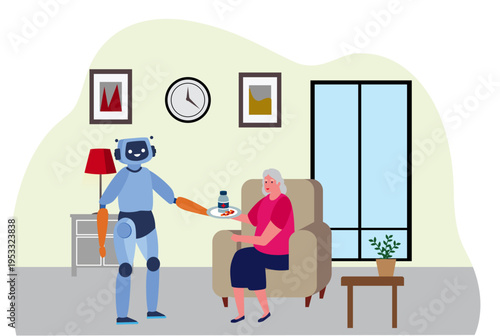 robot helper bringing medicine elderly woman sitting armchair home senior healthcare