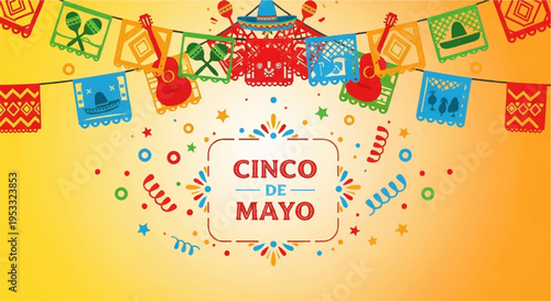 Vibrant cinco de mayo celebration background with colorful flags maracas and festive decorations on yellow