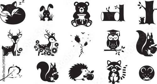 Black and white of various animals and nature in different poses and activities