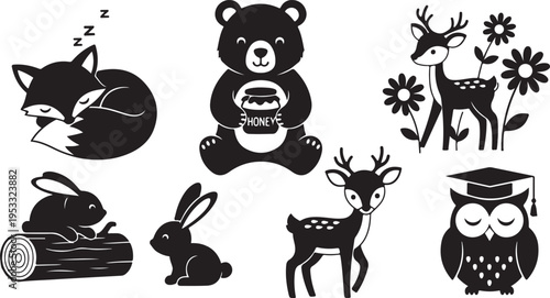 Black silhouettes of sleeping fox, bear with honey, deer, rabbit, and owl with graduation cap