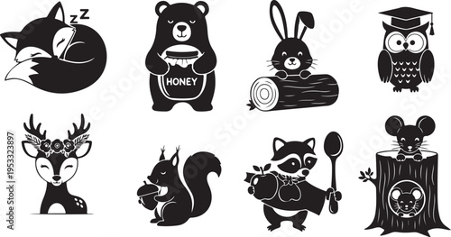 Black and white cartoon animals in various poses and activities 1