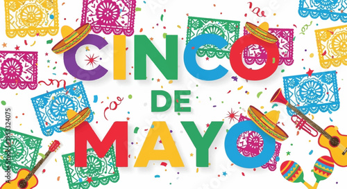 Vibrant cinco de mayo celebration background with colorful text confetti and traditional mexican symbols