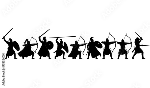 Ancient and medieval soldier silhouettes vector set with swordsmen spearmen and archers in dynamic combat poses