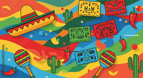 Vibrant mexican fiesta background with sombrero maracas cacti and papel picado in desert landscape