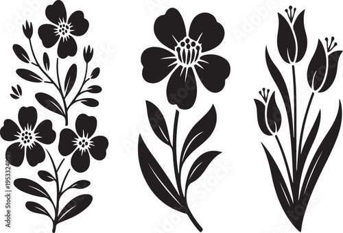 Vector black silhouettes of flowers isolated on a white background.