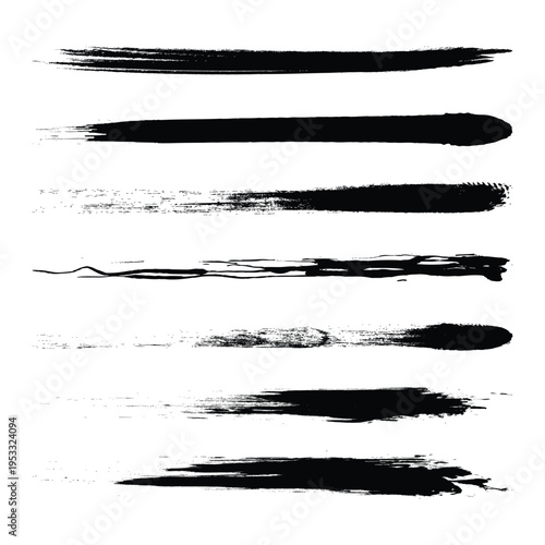 Grungy black ink brush strokes and paint smears set isolated on transparent background