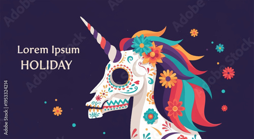 Vibrant sugar skull unicorn head with floral patterns and colorful mane on dark background for holiday greeting